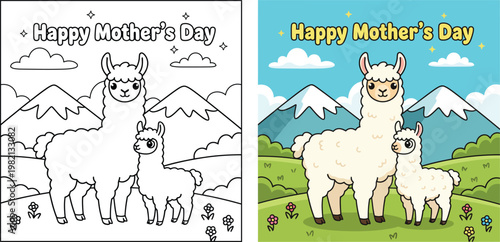 Mother’s Day alpaca mother and baby in mountain meadow cute cartoon vector