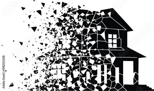 A black and white illustration of a house exploding into pieces