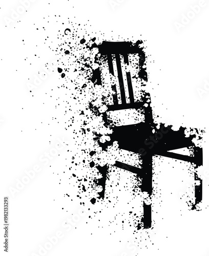 A black and white illustration of a chair dissolving into particles