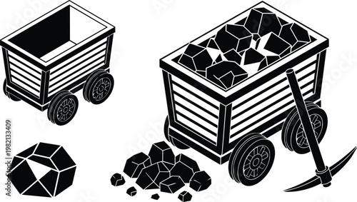 Mine cart filled with coal and pickaxe vector art black and white isometric set
