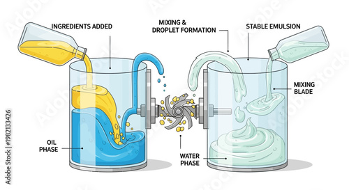 The process of creating a stable emulsion by mixing oil and water phases with ingredients added in a laboratory setting viewed from the side.