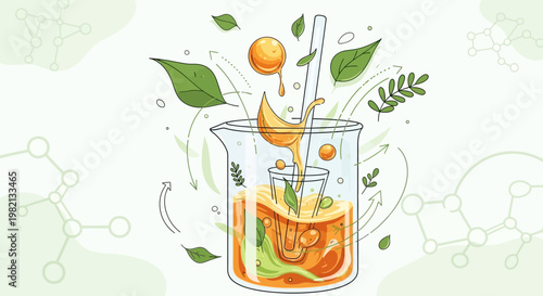 A refreshing drink with slices of orange, lemon, and lime and leaves floating in a beaker on a molecular background.