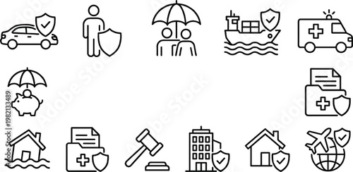 Insurance and Protection Icon Set with Health, Auto, Property, Travel, Marine, Legal Coverage, and Risk Management Outline Vector Collection