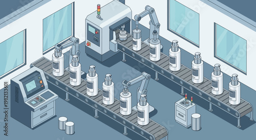 Robotic arms assemble products on a factory production line with conveyor belts and machinery.