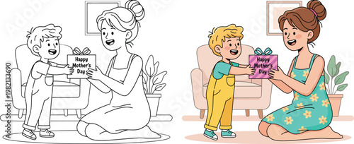 Mothers Day child giving gift to mom at home cartoon vector outline style
