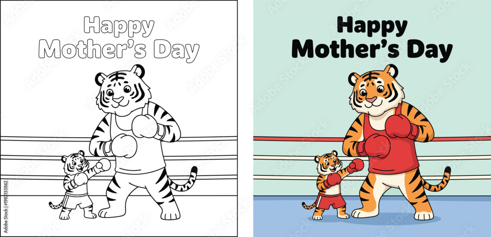 Fototapeta premium Mothers Day tiger boxing scene with cute baby character cartoon outline style