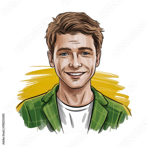 Portrait of a young man, detailed facial features, natural lighting, isolated on a transparent background.