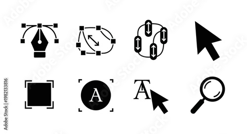 Vector graphic design tools and interface icons set. Essential software cursors for editing, path manipulation, text, transform, and zoom.