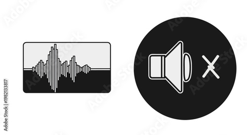 Audio Waveform and Mute Icon Set for Sound Control, Digital Media, User Interface, Technology, and Multimedia Applications
