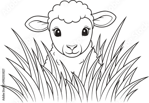 Cute baby sheep in tall grass coloring page for kids and toddlers