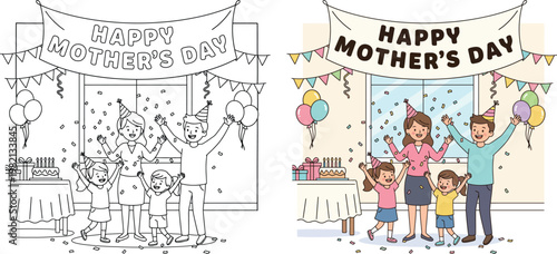 Mothers day family celebration with kids and parents party scene cute cartoon illustration
