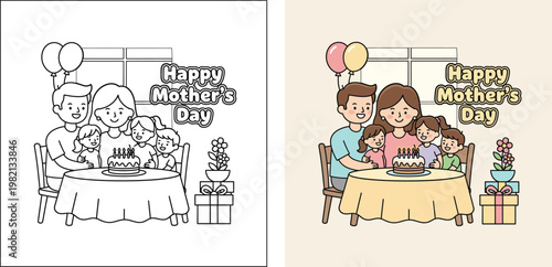 Mothers day happy family celebration with cake and kids enjoying party coloring page