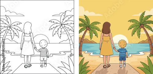 Mothers day peaceful beach walk with mom and child at sunset scene coloring page