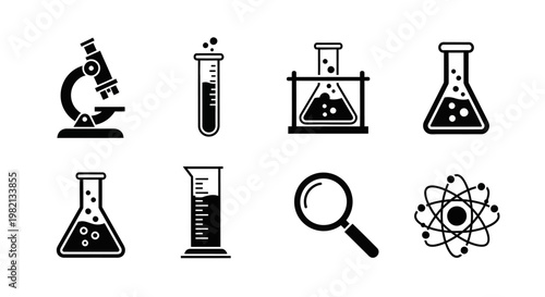 Collection of Science Laboratory Equipment Icons. Chemistry Research Tools, Education and Experimentation Symbols Vector Set.