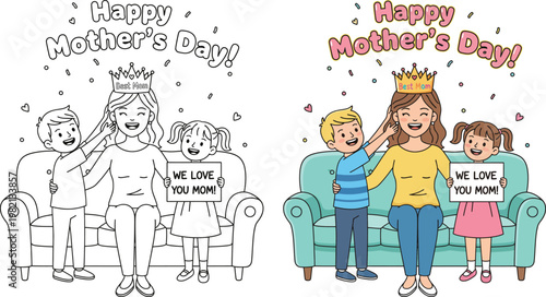 Mothers day happy kids celebrating mom with crown and love sign on sofa coloring page