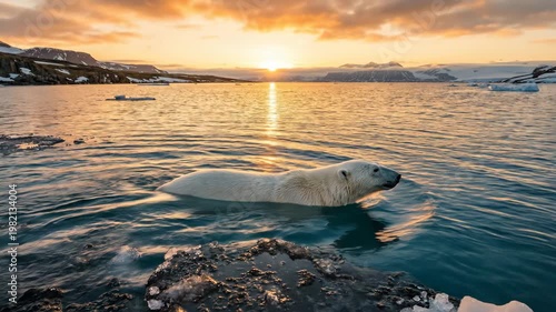 Polar Bear Swimming in Arctic Ocean During Golden Hour Sunset.