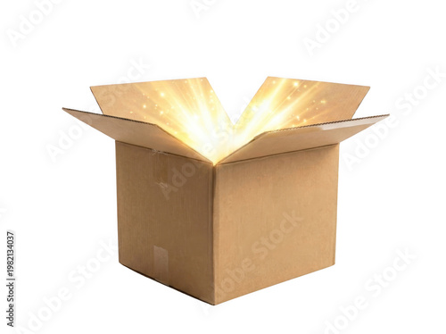 Open Cardboard Box with Glowing Light and Magical Sparks Emanating from Inside