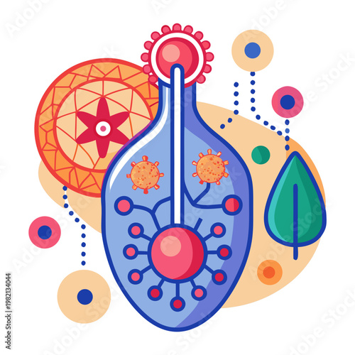 Abstract Lymphatic System Illustration with Viruses and Cells