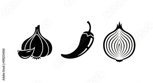 Garlic, Chili Pepper, and Onion Icons. Black Silhouettes of Fresh Cooking Ingredients and Spices Vector Set.