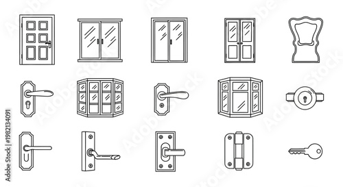 Doors and windows line art icons set. Includes various door handles, window styles, locks, keys, and hinges. Vector graphics.