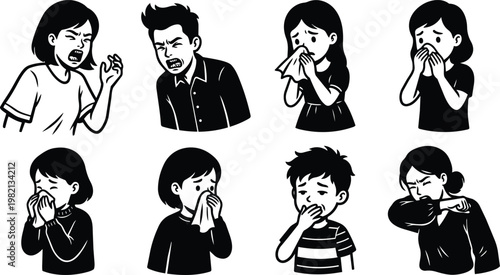 Black and white vector art coughing and sneezing people covering mouth with tissues