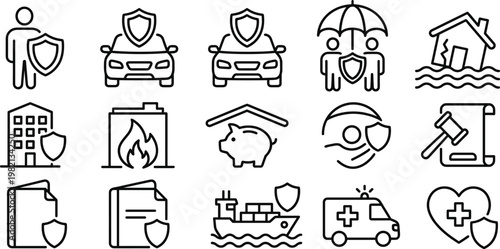 Insurance and Protection Icon Set with Health, Auto, Property, Travel, Legal Coverage, Medical Care, and Risk Management Outline Vector Collection
