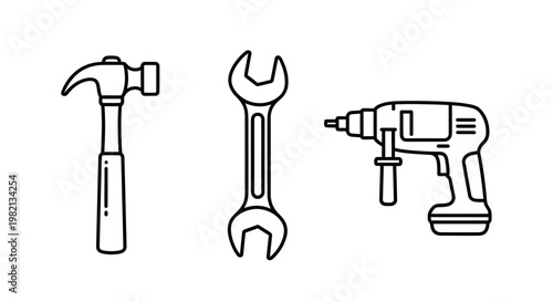 Set of hand tools and power tool line art icons. Hammer, wrench, and drill outline vector illustration for construction, repair, and DIY projects.