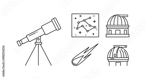 Detailed line art astronomy icons set: telescope, observatory buildings, constellation map, and comet. Space exploration and science vector graphics.