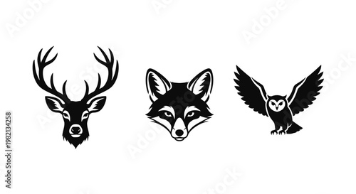 Set of stylized animal head icons: majestic deer, cunning fox, and wise owl. Modern vector illustrations in black and white.