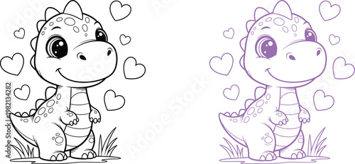 Chibi dinosaur duo a whimsical black and white illustration with purple accents