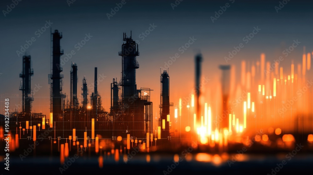 Naklejka premium Industrial Landscape at Sunset with Trend Lines and Economic Data