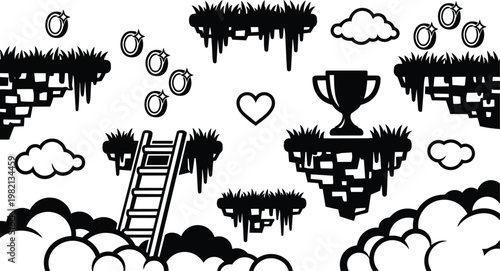 Black and white floating grassy platforms ladder trophy rings heart clouds vector art