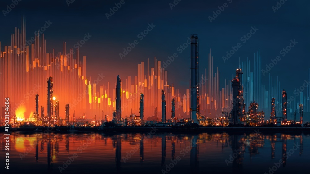 Fototapeta premium Industrial Cityscape at Night with Colorful Lights and Reflection