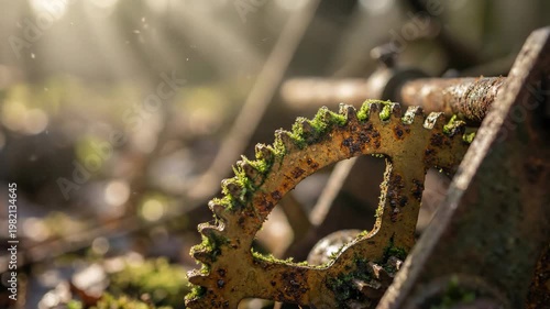 Rusty Gear Mechanism Covered in Moss and Sunlight.