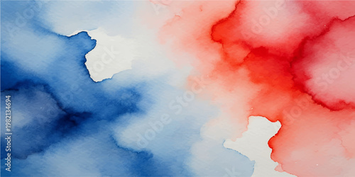 A bright abstract watercolor background features swirling red and blue hues evocative of a fluffy cumulus cloudscape in a summer heaven atmosphere under warm sunlight