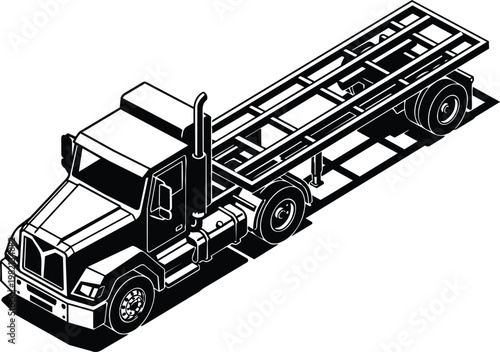 Black and white isometric flatbed truck chassis vector art side view