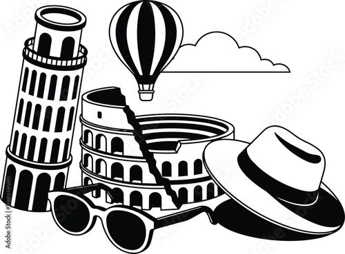 Black and white vector collage leaning tower of pisa colosseum with hat sunglasses and hot air balloon