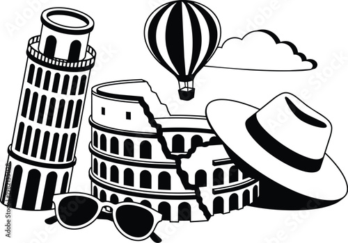 Black and white line art leaning tower of pisa and colosseum with hat sunglasses and hot air balloon