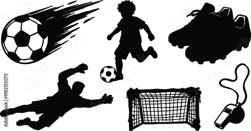 Vector soccer silhouettes including flaming ball player goalie cleats goal and whistle in black and white
