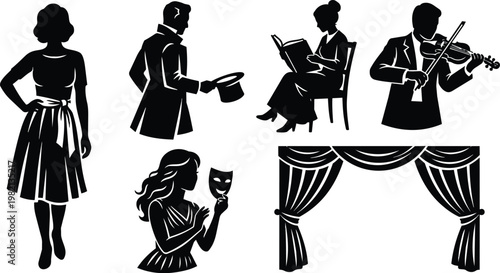 Black and white stage silhouettes violinist actress reader man tipping hat and curtains