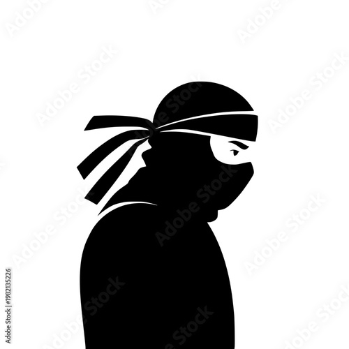 Vector graphic illustration of a ninja's silhouette in profile view wearing a headband