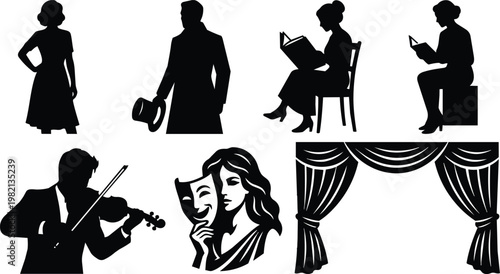 Vector art black and white theater silhouettes with curtain violinist and reading figures