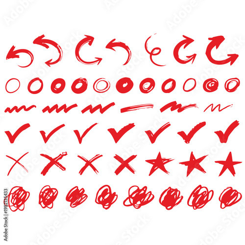 Collection of hand drawn red arrows scribbles checks and x marks
