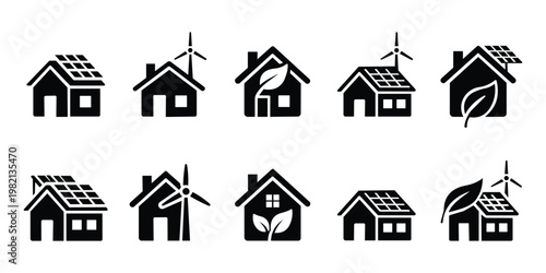eco house energy icon set vector silhouette on transparent background. Ecology energy silhouette icons. 
