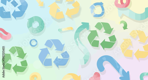Eco-friendly icons representing recycling and nature with a soft green background and water droplet accent
