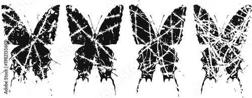 Grunge butterfly silhouettes set distressed textured insect wings black ink splatter art collection vintage worn effect design