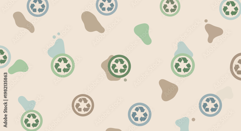 © Fendy - Eco-friendly recycling symbols pattern on a beige background with abstract shapes, representing sustainability and environmental consciousness in a simple design