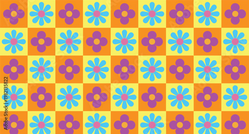 Vibrant floral pattern with colorful flowers on a cheerful checkerboard background.
