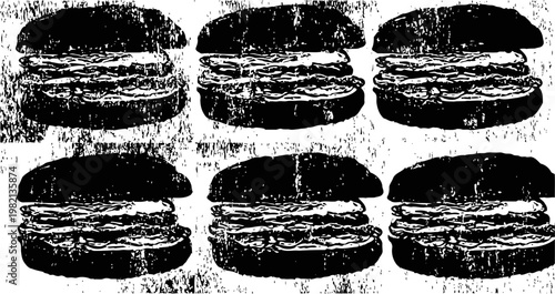 Grunge hamburger pattern set of six distressed burger silhouettes fast food icons in black print texture