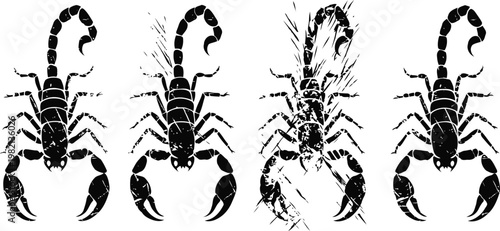 Four black scorpion silhouettes with one cracked and textured design in the center